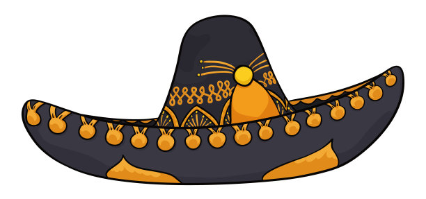 黑色墨西哥流浪乐队帽子与金色饰品在卡通风格，矢量插图图片下载