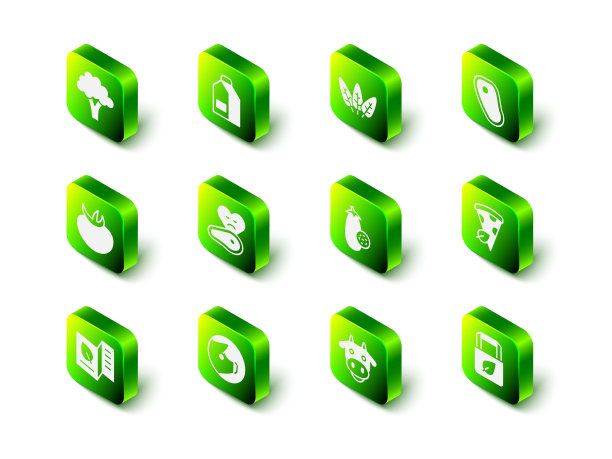 集纸包装牛奶，叶子，牛排肉，素食披萨片，购物袋与回收，茄子，牛头和猪的图标。向量图片下载