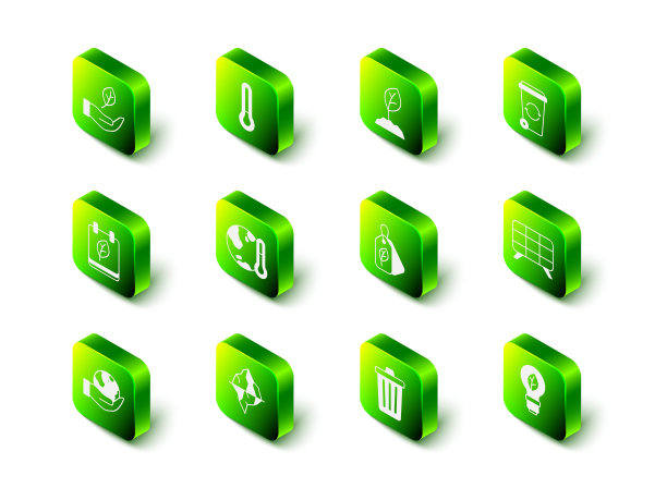 设置温度计，发芽，回收站，太阳能电池板，灯泡与叶片，标签，垃圾桶和冰山图标。向量图片下载