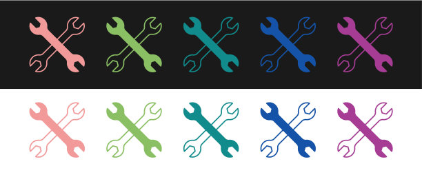 设置扳手扳手图标隔离在黑色和白色的背景。扳手修理工具。服务工具符号。向量图片下载