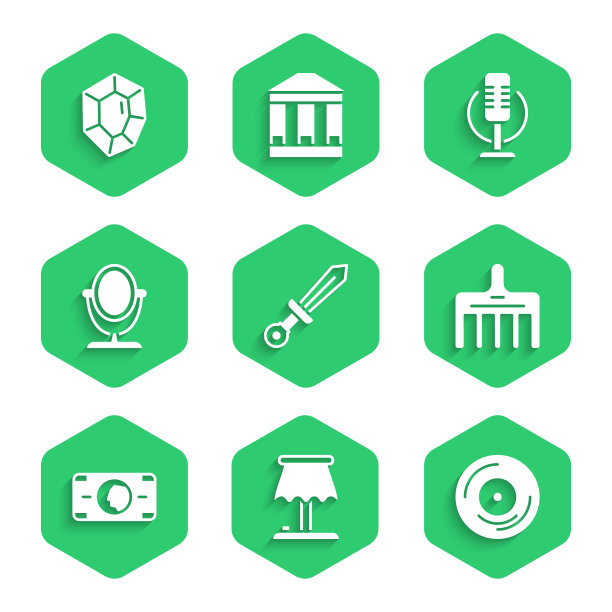 集中世纪的剑，台灯，乙烯基磁盘，发刷，堆纸钱现金，圆化妆镜，麦克风和宝石石图标。向量图片下载