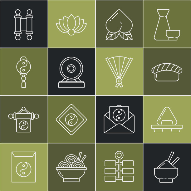 设线米饭在碗里用筷子，寿司在砧板上，桃子水果，功，阴阳，法令，纸，羊皮纸，卷轴和纸中国折扇图标。向量图片下载