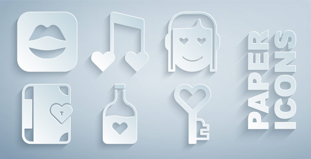 集瓶与爱情药水，浪漫的女孩，爱情日记，关键在心脏形状，音符，音调心脏和微笑的嘴唇图标。向量图片下载