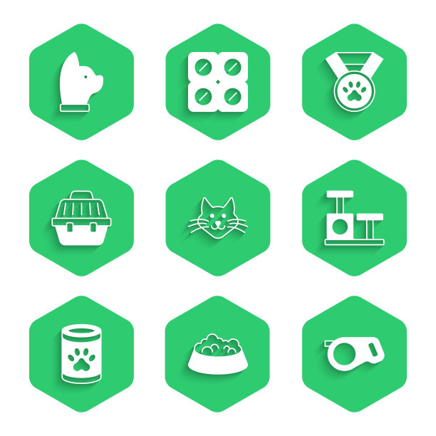 集猫，宠物食品碗猫或狗，可伸缩绳皮带，抓柱与玩具，罐头，carry case，奖励符号和图标。向量图片下载