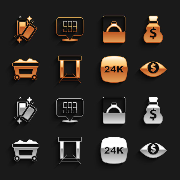 设置金矿，旧钱袋，眼睛与美元，酒吧24k，矿车黄金，钻石订婚戒指盒，和图标。向量图片下载