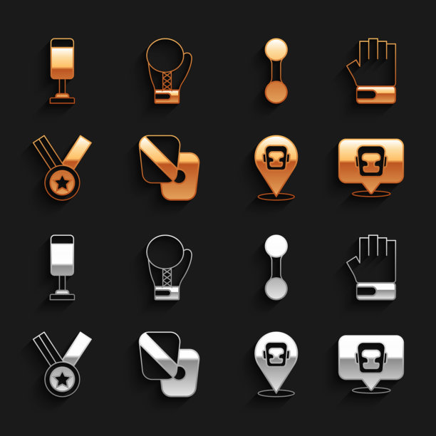 设置拳击训练爪，MMA手套，头盔，奖牌，哑铃，沙袋和图标。向量图片下载