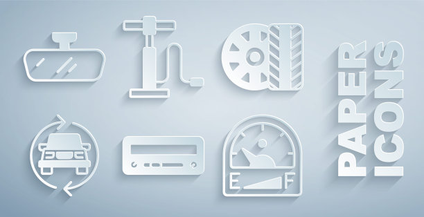 集汽车音响，轮胎，服务，汽车燃气表，气泵和镜子图标。向量图片下载