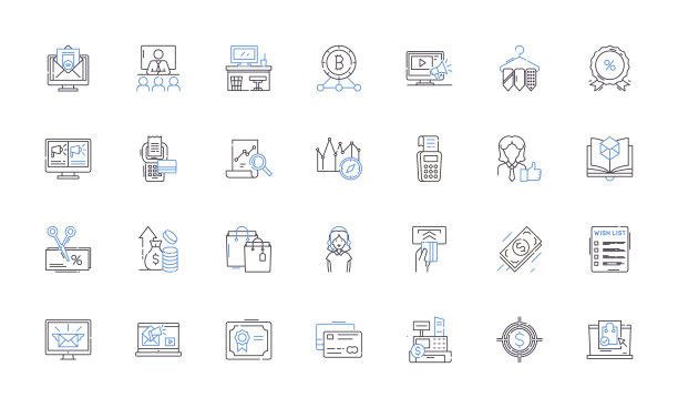 超市和网付线图标集合。农产品，肉类，乳制品，饮料，零食，结账，通道矢量和线性插图。品种多样，方便快捷，销售大纲标牌设置图片下载