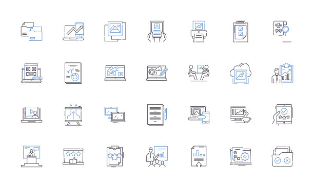音调线图标集合。销售，目前，说服，建议，电梯，投资，投资者矢量和线性插图。机会、晋升、创业提纲标牌设置图片下载