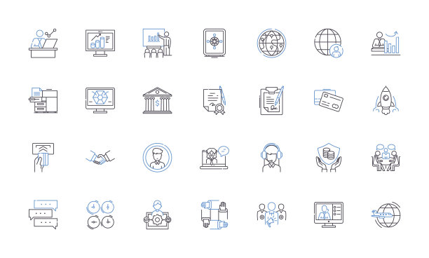 组织总部线路图标集合。公司，位置，层次结构，结构，建筑，办公室，管理矢量和线性插图。谋略、编制、布置大纲标志设置图片下载