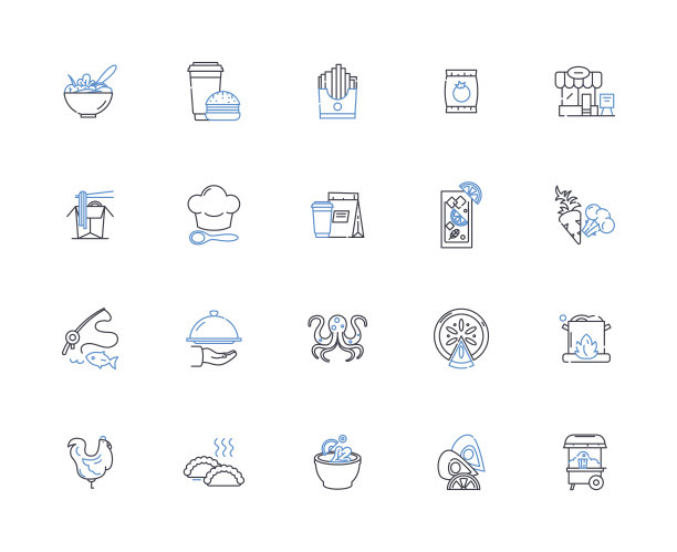 吃线图标集合。美味，可口，脆，脆，辣，咸，甜矢量和线性插图。满足，营养，风味的轮廓标志设置图片下载