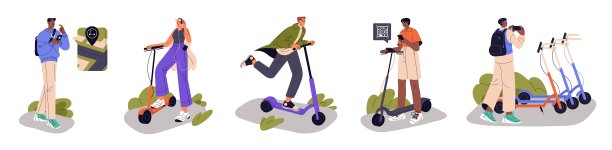 人们在城市里用移动应用程序和手机租用电动滑板车。城市生态电动交通，在线租赁服务。骑马，驾驶现代汽车。平面矢量插图隔离在白色背景图片下载