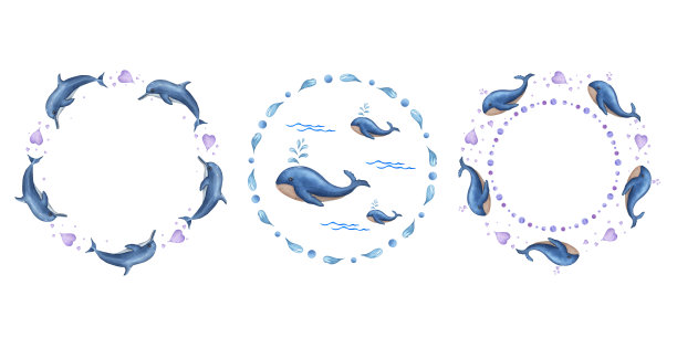 一套水彩框架在海洋风格孤立的白色背景。插图与鲸鱼，海豚明信片设计，不同的模板，生日贺卡，标志，装饰图片下载