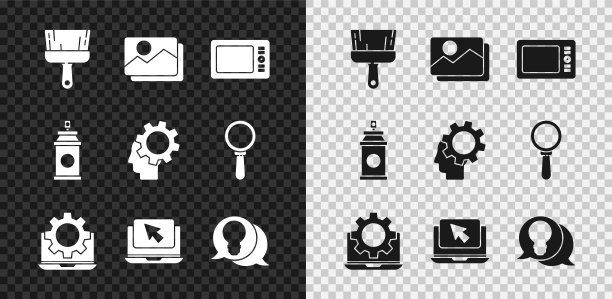 设置画笔，图片景观，平板电脑，笔记本电脑，光标，灯泡与概念的想法，喷雾罐和人头内图标。向量图片下载