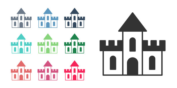 黑沙城堡图标孤立在白色背景。设置图标彩色。向量图片下载