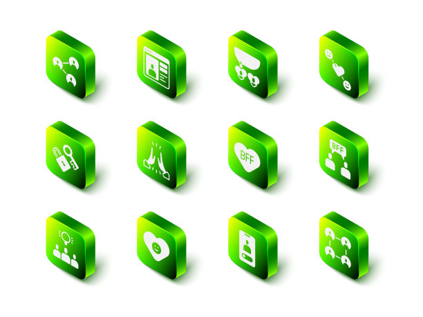 设置在线约会应用程序，心形项链，浪漫的关系，最好的朋友或最好的朋友永远，来电移动和良好的图标。向量图片下载