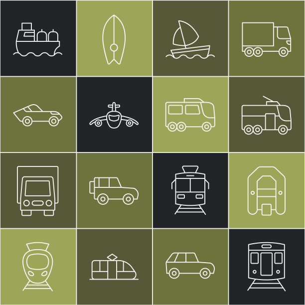 火车和铁路，漂流船，无轨电车，游艇帆船，飞机，汽车，油船和巴士图标。向量图片下载
