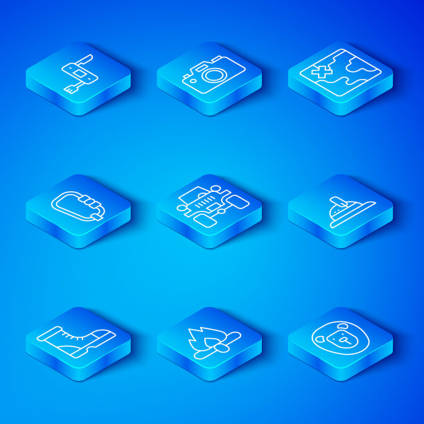 Set line Hunter boots, Off road car, Campfire, hat, Africa safari map, Carabiner, Swiss army knife and Wild lion icon。向量图片下载