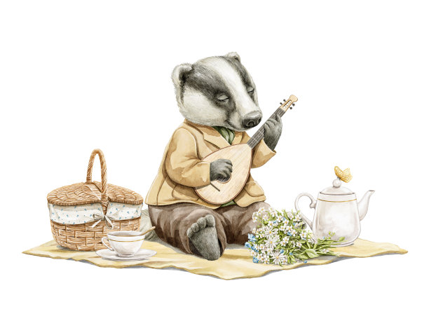 水彩卡通构图，獾音乐家穿着衣服在野餐时弹琵琶图片下载
