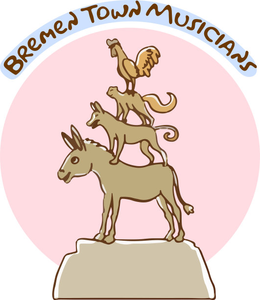 不来梅镇音乐家，驴，狗，猫，公鸡矢量插图图片下载