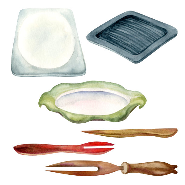 水彩甜品蓝、灰、黑盘、木叉插图中的日本樱花节。元素被隔离在白色背景上图片下载