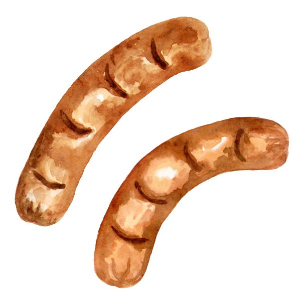 把烤香肠放在火上烤熟。手绘水彩插图孤立的白色背景。美味的早餐。模板设计。图片下载