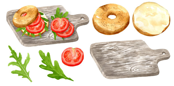 将水彩百吉饼、三明治、西红柿和香草放在砧板上。美味的早餐。白色背景上孤立的物体图片下载