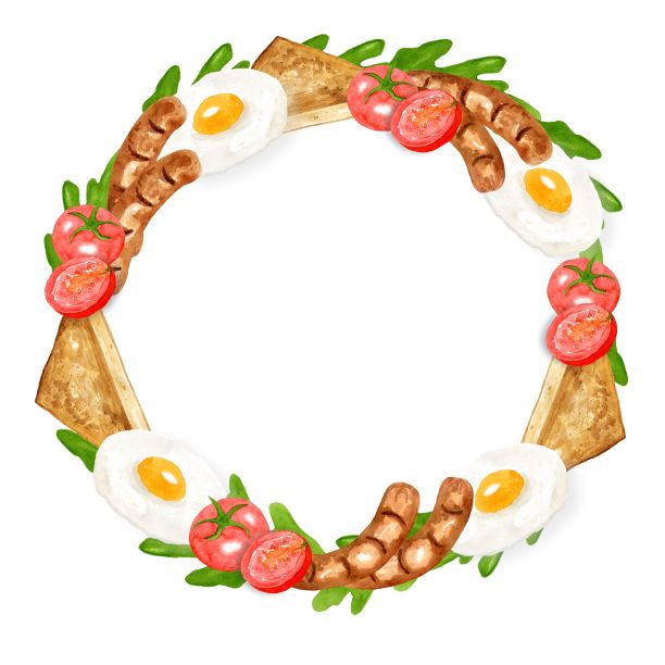 框架，边框从烤面包与鸡蛋，香肠，西红柿和香草装饰设计。手绘水彩插图在白色的背景。美味的早餐。设计菜单模板。图片下载