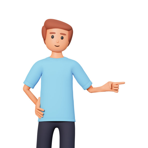 一个穿黄色t恤的人的三维插图指向白色背景上孤立的某个地方。3D年轻男性角色指向某物。图片下载