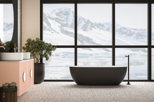 现代极简主义浴室内饰，现代粉色浴室柜，白色水槽，木质梳妆台，室内植物，浴室配件，黑白浴缸，面板墙，水磨石地板。三维渲染图片下载