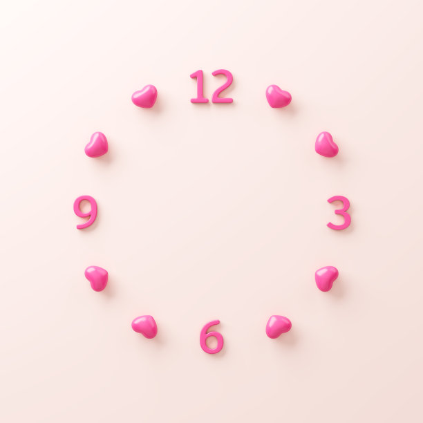 时钟和3D粉色心脏。圆形钟面。重要日子的约会时间是结婚纪念日，情人节。与夫妻、丈夫和妻子一起庆祝。剪切路径。3 d演示。图片下载