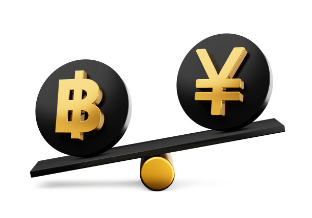 3d黄金泰铢和日元符号圆形黑色图标与3d平衡重量跷跷板3d插图图片下载