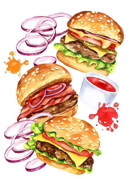 一组水彩汉堡，肉，洋葱片，西红柿，沙拉和番茄酱被隔离在白色的背景上图片下载