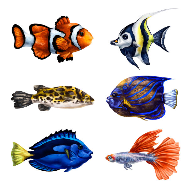 热带海鱼:一套热带海鱼海底世界，数码插画。用于设计、包装、印刷、海报、明信片、纺织品纪念品图片下载