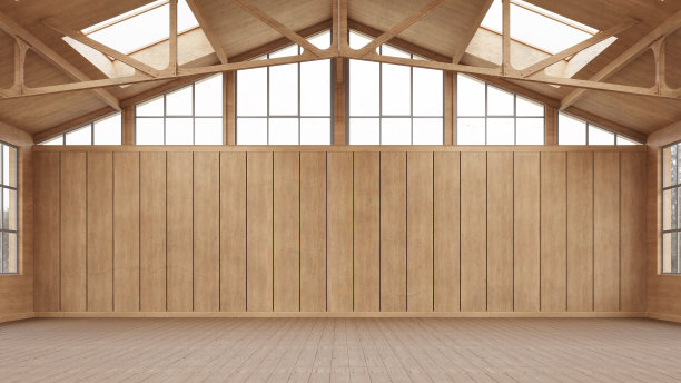 空的,仓库。木墙和大窗户。室内工业概念背景。三维渲染图片下载