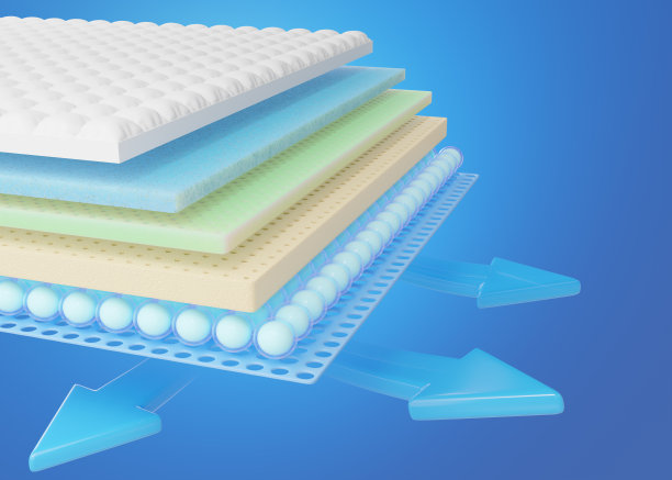 透气床垫内层。床带通风箭头。棉织物，记忆泡沫，天然乳胶橡胶。立方体材料在空气中为舒适的床广告隔离。3 d渲染。图片下载