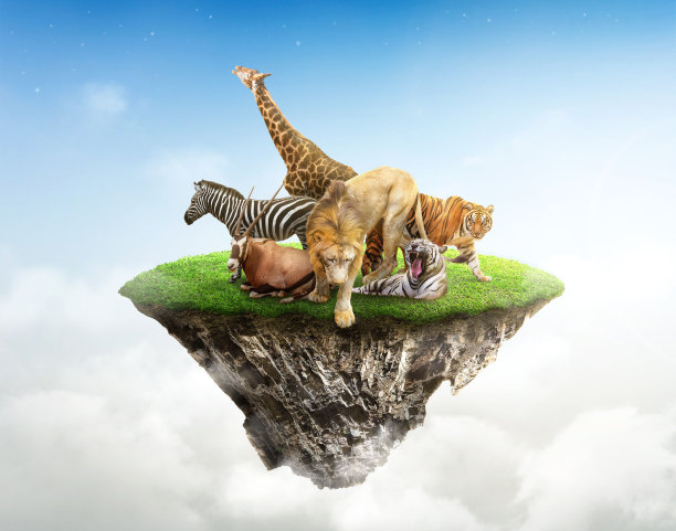 概念自然保护区保护野生动物保护区老虎长颈鹿全球变暖生态，野生动物漂浮在天空的梦幻岛屿。图片下载