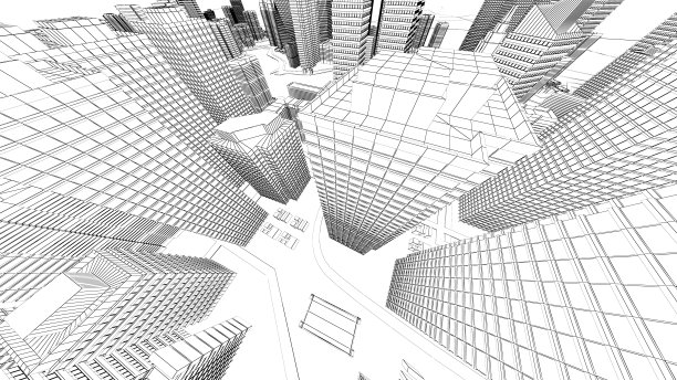 线框城市景观，低多边形城市和建筑，在城市的商业区，一个高大的结构有河流和道路。, 3 d渲染图片下载