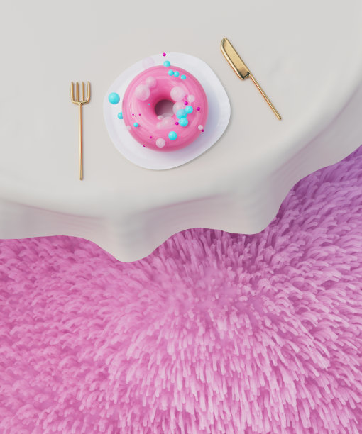 甜甜圈与糖霜在盘子上粉红色的背景。3d渲染，3d插图。图片下载