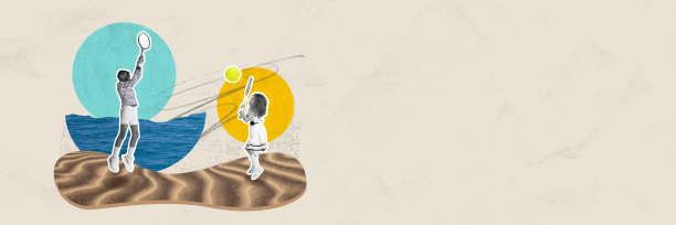 女孩们，孩子们在沙滩上玩耍，在温暖的夏日打网球。当代艺术拼贴。图片下载