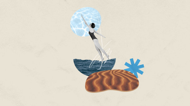 年轻的女孩在泳装和泳帽游泳到大海在柔和的背景。当代艺术拼贴。图片下载