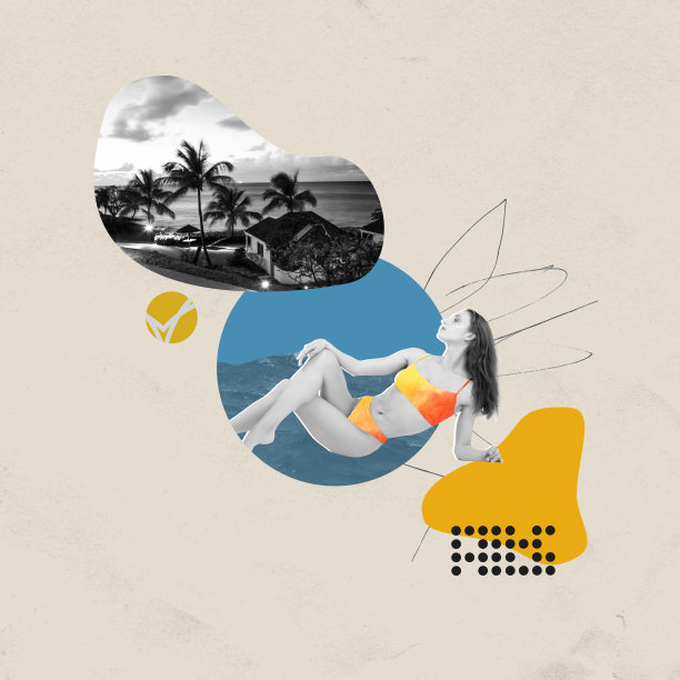 穿着彩色泳衣的年轻女孩在温暖的岛上用手掌休息。放松方式。柔和的背景。当代艺术拼贴。图片下载