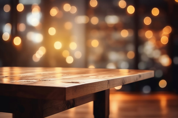 酒吧餐厅夜晚的空木桌台和模糊背景散景图片下载