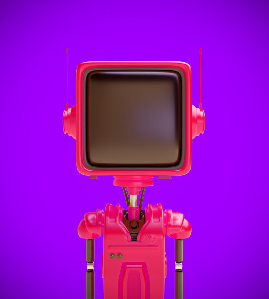 3d明亮的机器人角色，头部形状像老式复古电视或显示器，具有现实可爱的卡通风格。技术创意概念设计肖像友好的半机械人。生动的渲染插图。图片下载