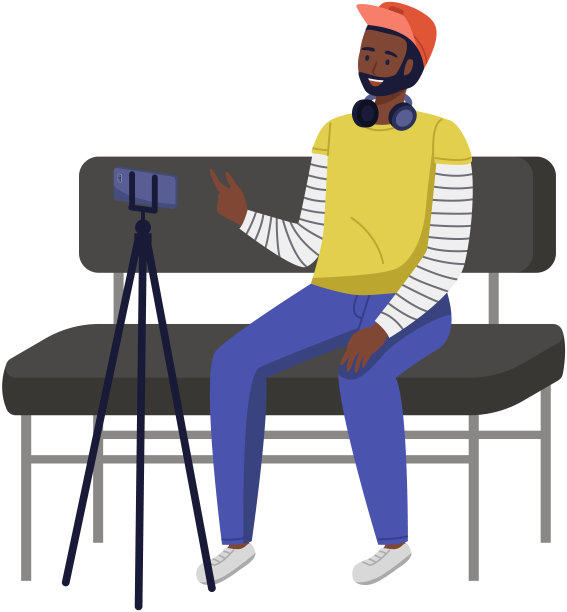 播客制作，博主，技术概念。年轻人卡通人物坐在录音播客图片下载