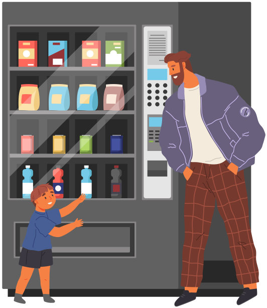 父亲在商场的自动售货机上给儿子买零食和饮料图片下载
