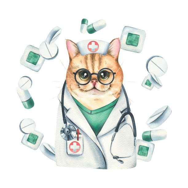 猫医生戴着眼镜，戴着听诊器，穿着带着胶布和药片的医疗服。水彩插图，手绘。白色背景上孤立的构图。诊所和医院图片下载