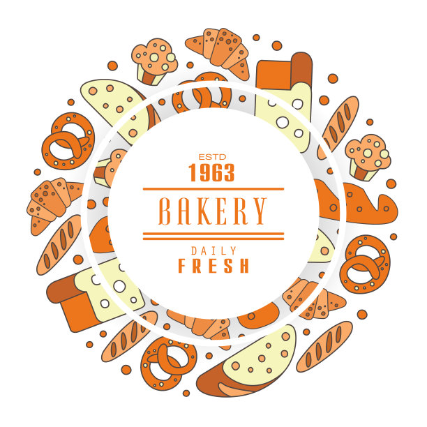 新鲜面包和烘培产品排成一圈图片下载