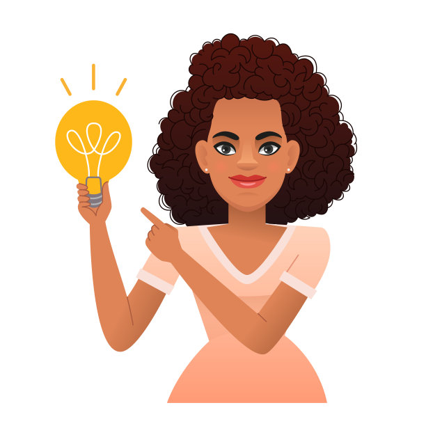 一个非洲女孩手里拿着一个灯泡。黑人女人有个主意。一位快乐女士的肖像。聪明的学生，知道如何解决问题。图片下载