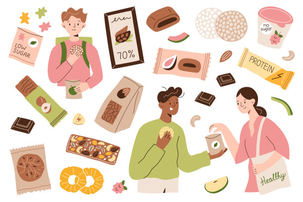 人们吃健康食品，手绘的包装糖果和零食，涂鸦低糖，无防腐剂和有机零食的图标图片下载